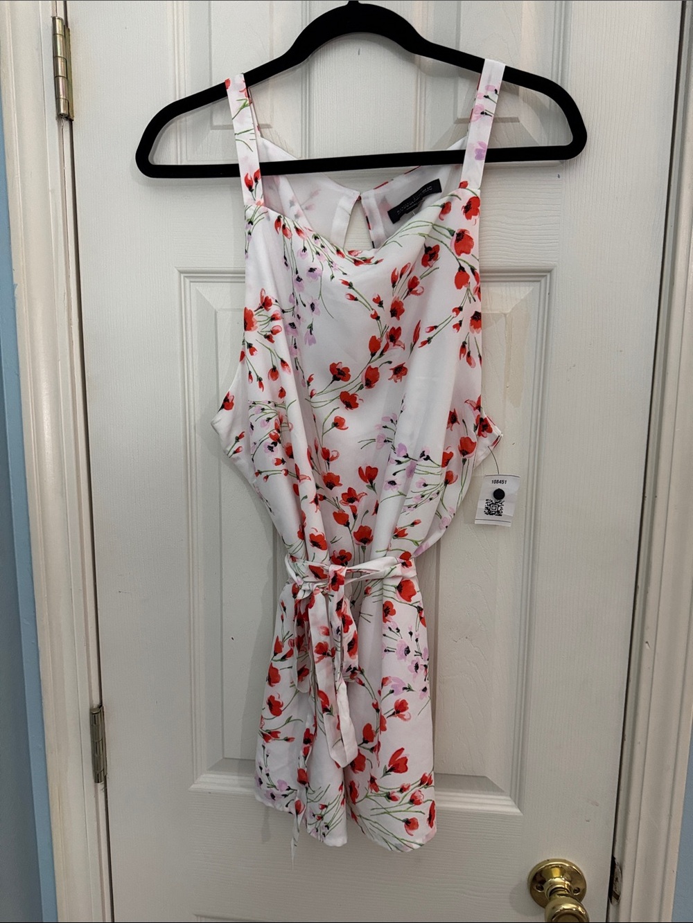 Women’s Floral Tie-Waist White blouse with Red Blossom Print